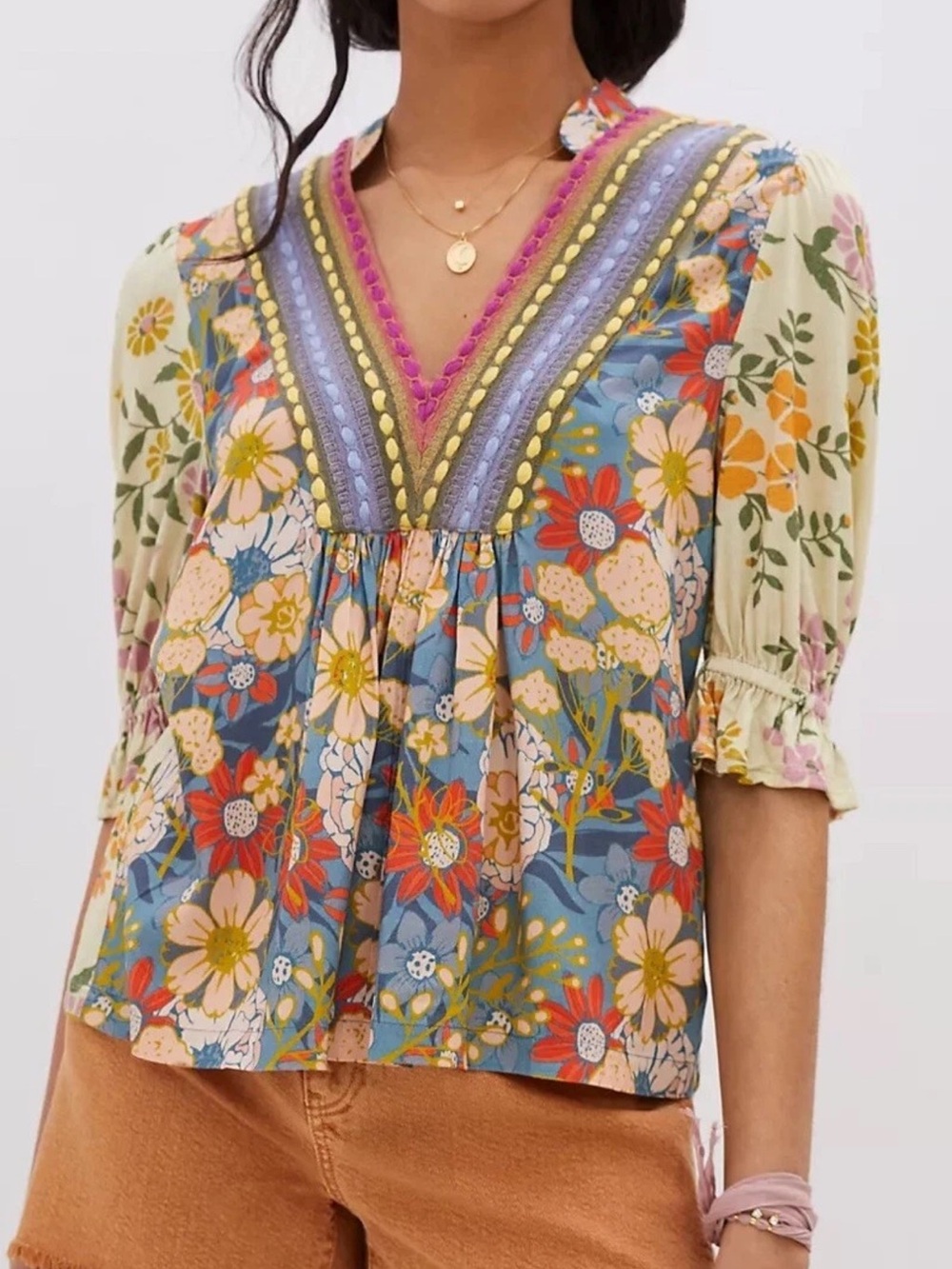 Bl^nk London x Anthropologie STEPHANIE MEDIUM Boho Floral V-Neck Half Sleeve